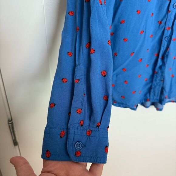 Beach Lunch Lounge Blouse Womens Sz XL Blue Ladybug Print Button Up Long Sleeve - Picture 5 of 11